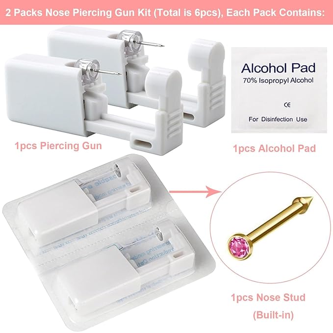 Nose Piercing Gun Kit - 6Pcs Self Nose Piercing Kit Unit Disposable Nose Piercing Gun Including 2Pcs Nose Piercing Gun with 2Pc Built-in Nose Studs and 2Pcs Clean Tools for Nose Cartilage Tragus Helix Piercing Kit(Gold, Pink )
