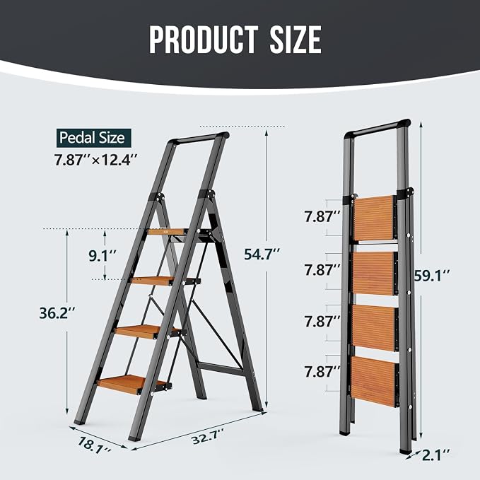WOA WOA 4 Step Ladder, Ladders for Home, Anti-Slip Pedals, Aluminum Step Stool Foldable, Lightweight to Move, Ease of Storage, Reach 9ft for Closet Kitchen Library, Hold 300lbs - Black&Wood Grain