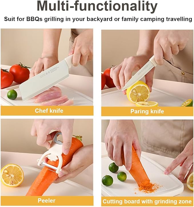 SUJAYU 5 in 1 Mini Knife and Cutting Board Set, Small Camping Cutting Board Cutting Board Scissors, Dorm Kitchen Essentials Travel Knife Set (Beige)