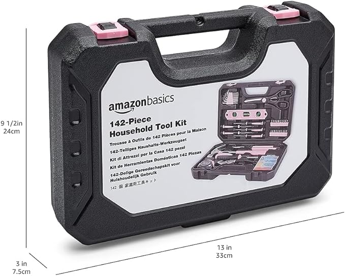 Amazon Basics 142-Piece Household Tool Kit for Home Repair, Hand Tools with Storage Case, 13.39 x 9.25 x 2.95 inch, Pink