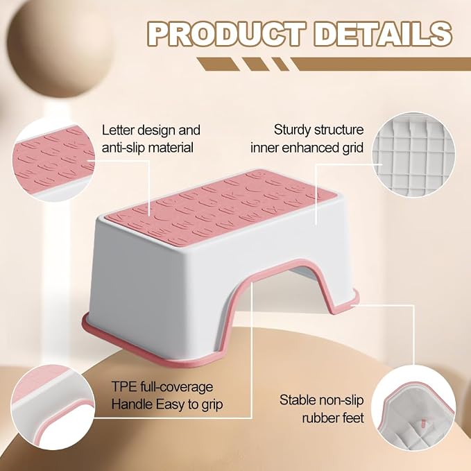 5 Inch Height Step Stool, 11.8" L x 7.5" W Toddler Step Stool, One Step Stools for Kids, Small Child Foot Stool for Bed, Bathroom, Toilet, Potty Training - Pink 11.8" L x 7.5" W x 5''H