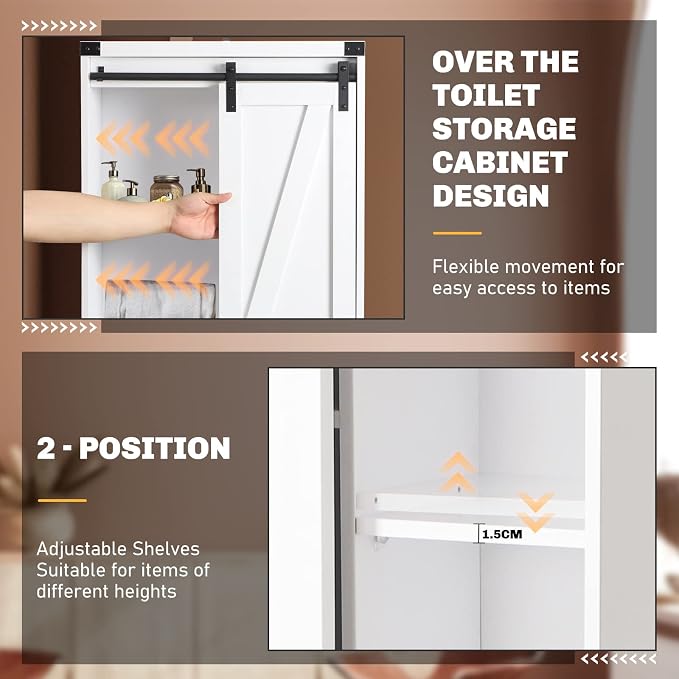 Over The Toilet Storage Cabinet, Behind Toilet Bathroom Organizer with Adjustable Shelves, Above Toilet Organizers with Barn Door, Space Saver for Restroom, Bathroom, Laundry, White