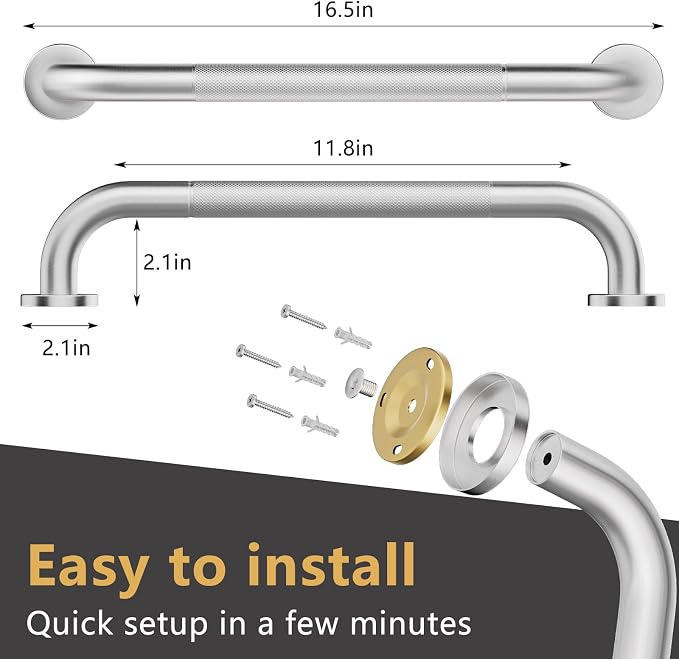 2 Pack Grab Bars for Bathtubs and Showers, NEWRAIN 16 Inch Stainless Steel Wall Bathroom Shower Handle, Anti Slip Brushed Nickel Safety Bars Toilet Handicap Elderly Senior Assist Bath Saft Hand Rail