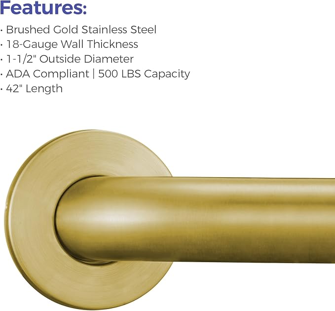 Stardrix 42-Inch ADA Compliant Grab Bar, 1.5" Diameter, Concealed Mounting Flanges, Handicap Friendly, Commercial & Residential Bathrooms, Brushed Gold Stainless Steel
