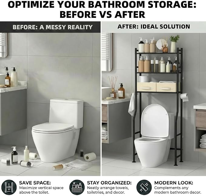 GloTika 3-Tier Over Toilet Storage with 2 Basket & Anti-Tilt System - 150lb Total Capacity Metal Bathroom Shelves Including Paper Holder & 4 Hooks, Space Saving Above Commode Organizer (64" H, Black)