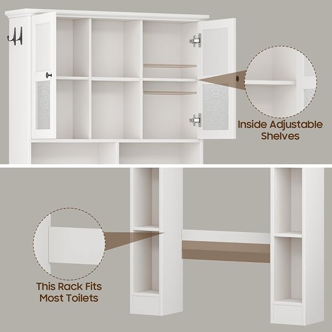 Over The Toilet Storage Cabinet, Bathroom Shelf Over Toilet with Hammered Grain Glass Doors and Adjustable Shelves, Freestanding Home Space Save Toilet Rack for Restroom, Bathroom, Laundry (White)