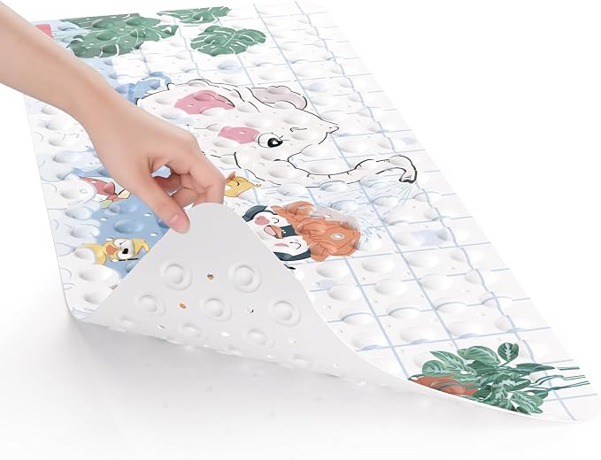 AmazerBath Baby Bath Mat Non Slip, Cartoon Kids Bath Mat for Tub 40 x 16 Inches Full Size, Non Slip Bathtub Mat with Suction Cups and Drain Holes, Shower Stall Mats - Elephant