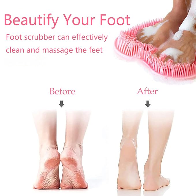 Shower Foot and Back Scrubber Mat,Wall Mounted Shower Foot Scrubber with Suction Cups,Exfoliating Silicone Massage Cleaner Mat(Pink)
