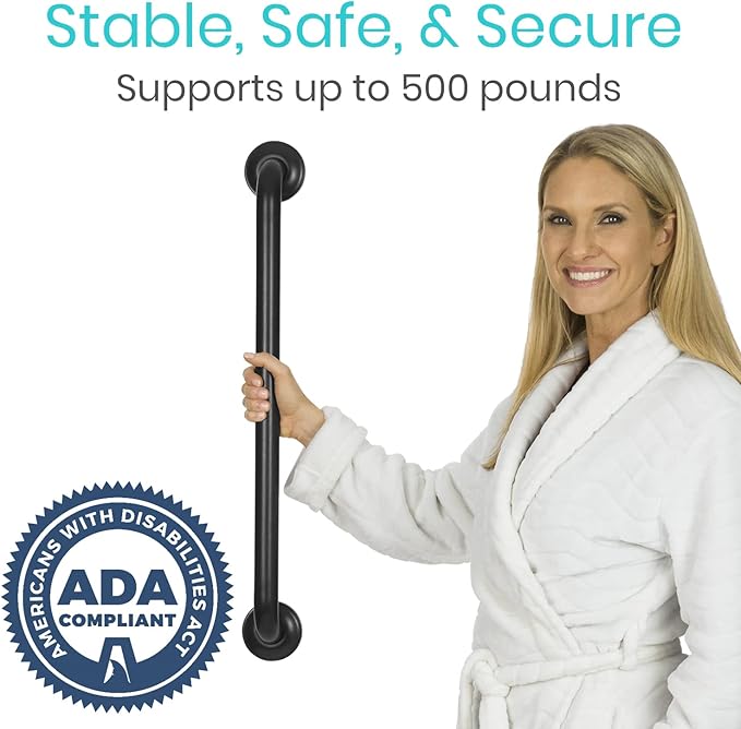 Vive Grab Bar for Showers - Bathroom Antislip Handrail for Seniors, Elderly Assistance Product, Heavy Duty Shower Handles, Handicap Grab Bars, Stainless Steel, Multipurpose, 440 lbs (Black)