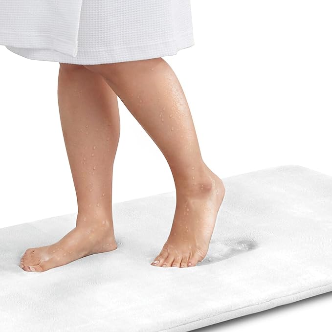 Memory Foam Bath Mat Non Slip Absorbent Super Cozy Velvet Bathroom Rug Carpet (22 inches X 42 inches, White)