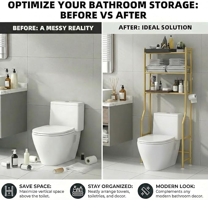 GloTika 3-Tier Over Toilet Storage with Anti-Tilt Safety System - 150lb Total Capacity Metal Bathroom Shelves Including Paper Holder & 4 Hooks, Space Saving Above Commode Organizer (64" H, Gold)