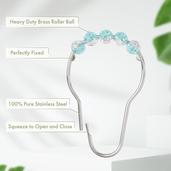 Amazer Shower Curtain Rings, Decorative Shower Curtain Hooks, Shower Curtain Hooks, Rustproof Stainless Steel Shower Hooks for Bathroom Shower Curtain-Set of 12, Ice Blu