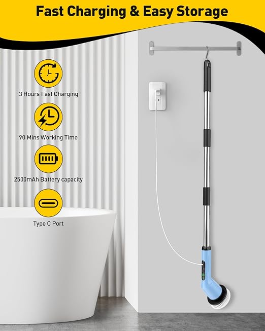 Electric Spin Scrubber for Cleaning Bathroom, Shower Scrubber Cordless Cleaning Brush with IPX7 Waterproof & 2 Speed, 3 Brush Heads, Bathroom Cleaning Supplies for Shower Tub Kitchen Tile Toilet Sky