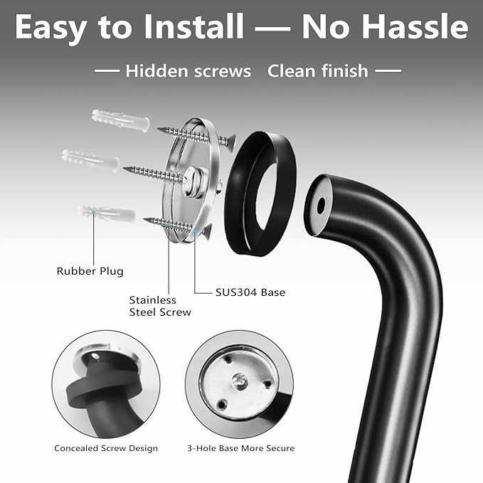 One Pack 12 Inch Matte Black Shower Grab Bar Stainless Steel Safety Hand Rail Support for Showers Bathroom Balance Bar Safety Hand Rail Handicap Bath Handle Senior Assist Bar Home Care Bath Handrail