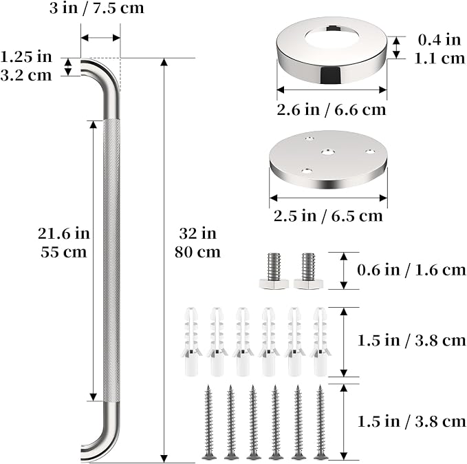 Chrome Bathroom Grab Bars 32 Inch, iHansee Anti Slip Grab Bar w/Knurled Grip, Stainless Steel Safety Handle for Bathtub, Wall Mounted Balance Support Handrail, Handicap Shower Bars for Senior Elderly