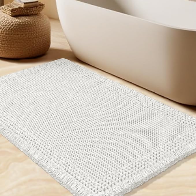 Upgrade Waffle Bath Mat, Boho Bathroom Rugs Absorbent Non Slip, Ultra Soft Bathroom Mat, Machine Washable Knit Bath Rugs with Border for Bathroom, Bedroom, Kitchen, Shower, Tub, 32"x20", White