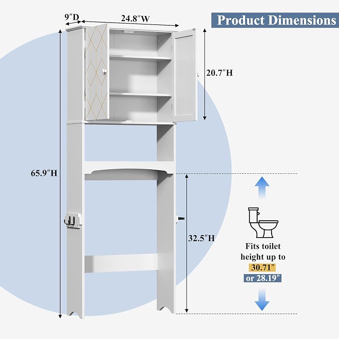 Gold Trim Over The Toilet Storage Cabinet, Double Doors Over Toilet Bathroom Organizer with Adjustable Shelves and Toilet Paper Holder, Modern Over Toilet Storage Cabinet for Bathroom (White)