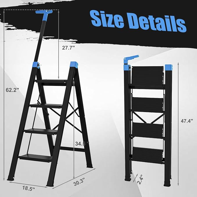 4 Step Ladder,Extendable Single-Handrail Lightweight Aluminum Step Ladder 4 Step Folding,600lbs Max Load Capacity for Household,Kitchen,Office (Blue)