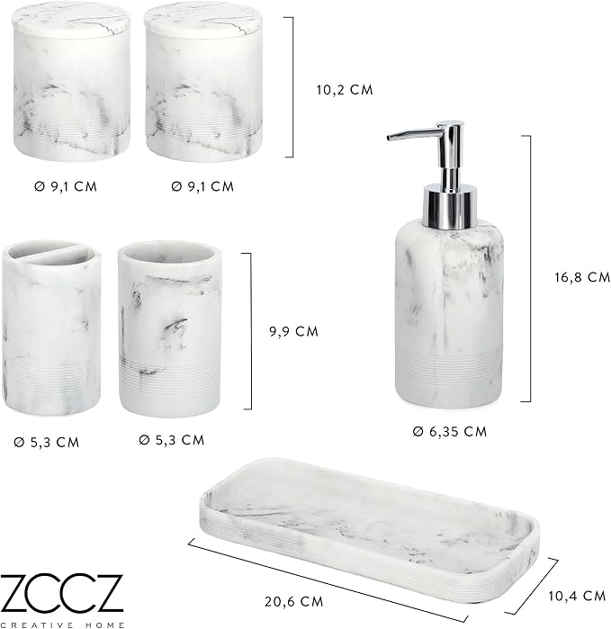 ZCCZ White Marble Bathroom Accessories Set 6 Pieces - Toothbrush Holder, Lotion Dispenser, Qtip Container, Vanity Tray, Tumbler - Countertop Organizer for Bathrooms - Elegant and Functional Décor Set