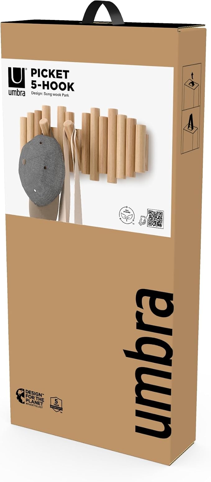 Umbra Picket Wall-Mounted Coat Rack Rail Hook with 5 Retractable Wood Pegs – Modern, Space-Saving Storage Organizer, Natural (Pack of 3)