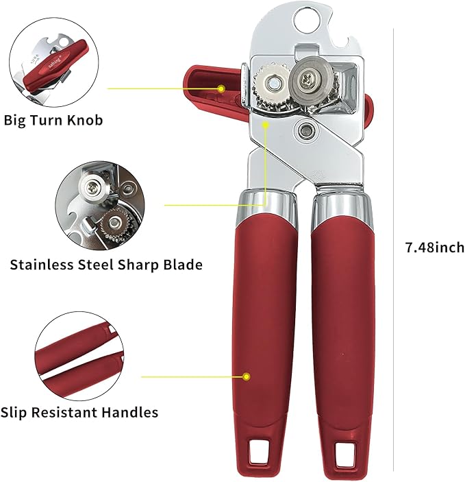 Safring Can Opener Manual, Handheld Strong Heavy Duty Stainless Steel Can Opener, Comfortable Handle, Sharp Blade Smooth Edge, Can Openers with Multifunctional Bottle Opener, Red