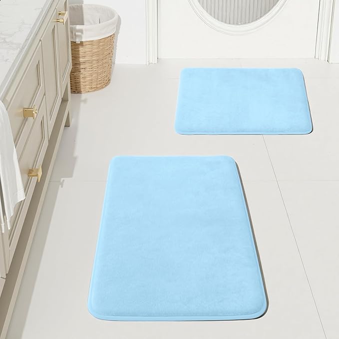 HUXMEYSON Bathroom Rugs Sets 2 Piece, Non-Slip & Quick Dry Bath Mat Set, Ultra Soft Velvet Bath Rugs for Bathroom, Toilet and Shower Floor, Light Blue
