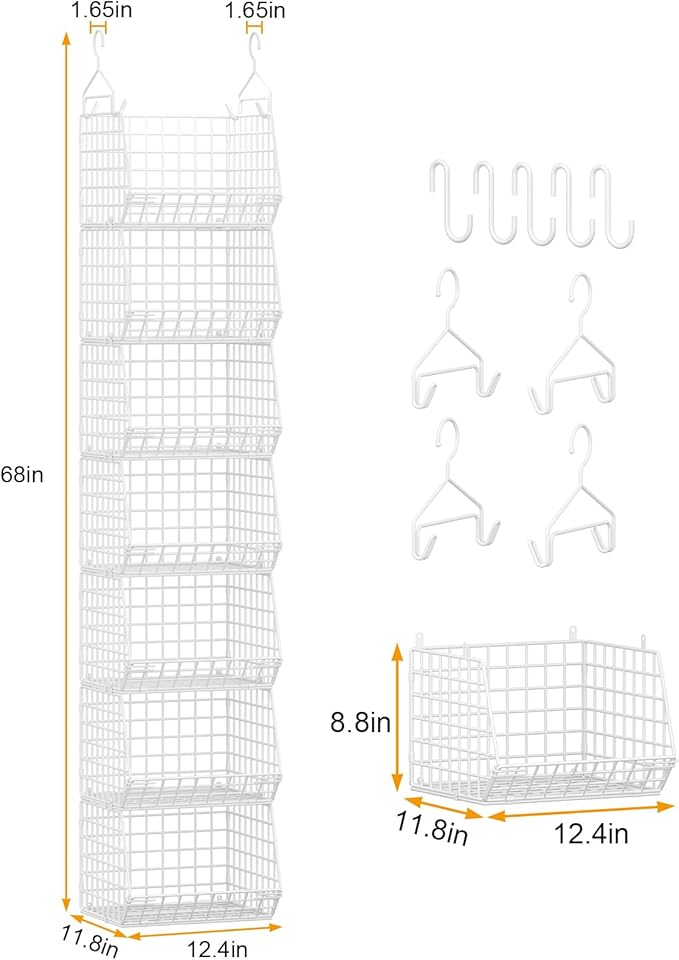 7 Tier Hanging Closet Organizer and Storage, Foldable Wire Closet Shelving with 4 Large Hooks+5 S Hooks,Hanging Basket for Clothes Sweaters Shoes Handbags,Wardrobe Kitchen Laundry Room-White