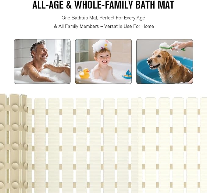 MBOSS Bath Tub Shower Mat Non Slip Bathtub Mats for Bathroom Shower Floor Mat Bath Mats for Shower Tub Anti Slip Shower Mat with Drain Hole and Large Suction Cups (Ivory White, 27.5 X 15.7 Inch)