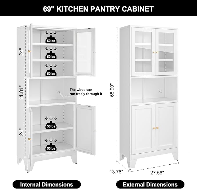 Bevivog 69" Pantry Cabinet,Tall Metal Storage Cabinet with 2 Glass Doors, Freestanding Display Cupboard Tall Bathroom Linen Cabinets with 5 Shelves Storage for Living Room Kitchen Pantry