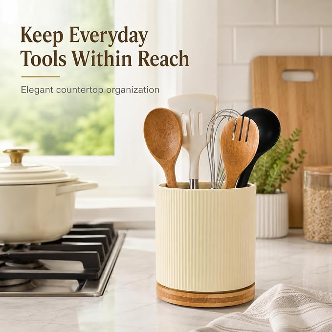 QUELIEN Utensil Holder, 360° Rotating Ceramic Kitchen Utensil Holder for Countertop, 7.7" Utensil Crock for Kitchen Counter with Rotatable Wooden Base,Ideal Housewarming Gift & Mothers Day Gift