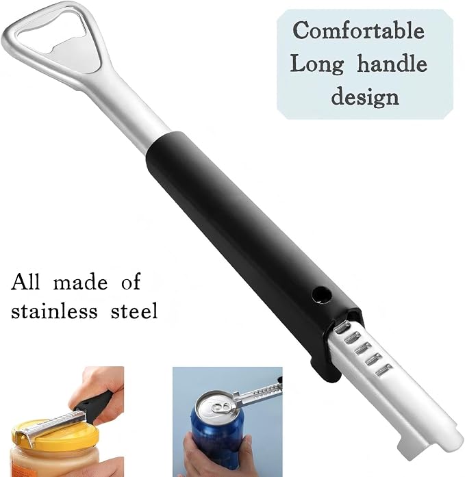 Stainless Steel Jar Opener with Ergonomic Long Handle, Adjustable Bottle and Lid Opener for Seniors, Weak Hands, Arthritis
