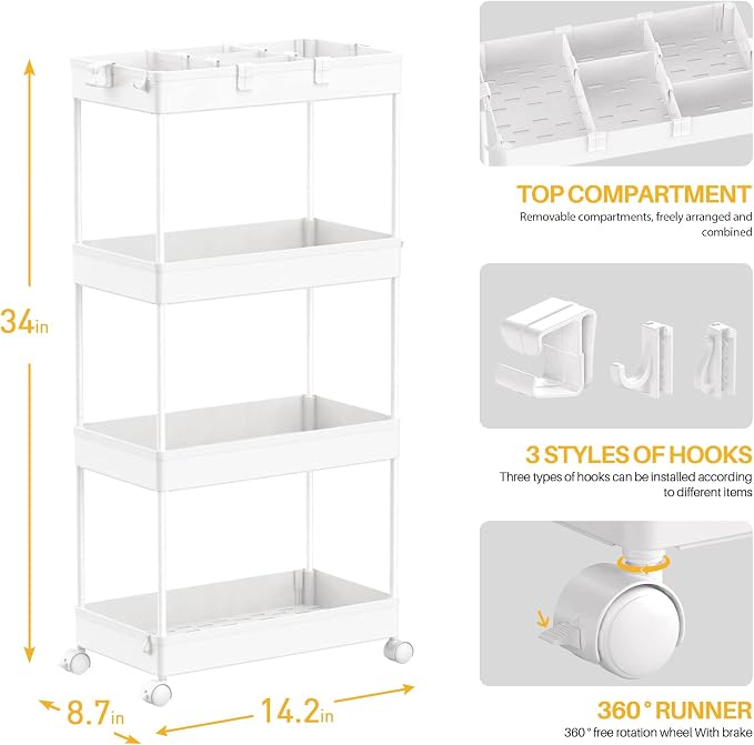 SPACELEAD 4 Tier Rolling Cart with Wheels, Storage Craft Art Trolley Organizer Serving, 3 Hanging Baskets Easy Assembly, for Office, Living Room, Kitchen