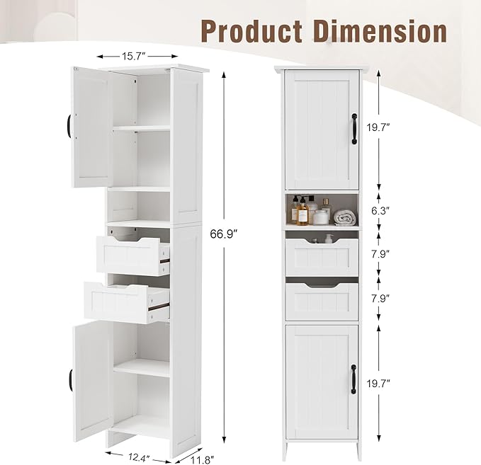 GRUSIGN 67" Tall Bathroom Storage Cabinet, Narrow Bathroom Cabinet with 2 Doors, 2 Drawers and 2 Adjustable Shelves, Slim Storage Cabinets for Kitchen, Living Room, Entryway, White