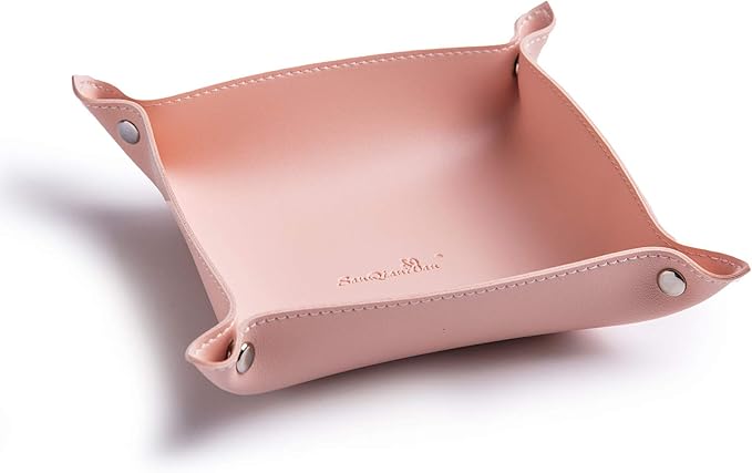 Leather Jewelry Valet Tray for Women and Man, Entryway Table Bedside Nightstand Desk Portable Small Catchall Travel Dish Plate for Key,Wallet,Watch,Phone,Coin(Pink-B)