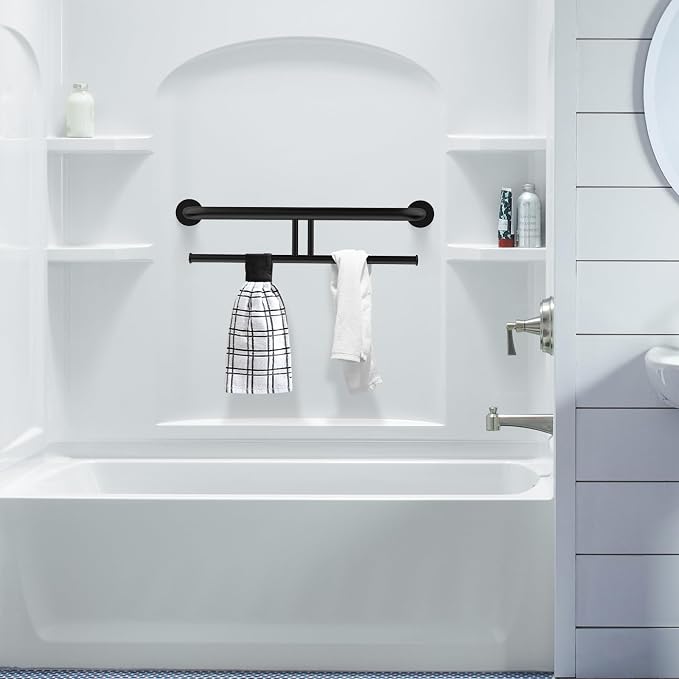 24 Inch Grab Bar w/Double Toilet Paper Roll Holder Black, iHansee Stainless Steel Shower Support Balanced Support Handle, Wall Mounted Safety Handrail Grab Rail for Elderly Senior Handicap Disabled
