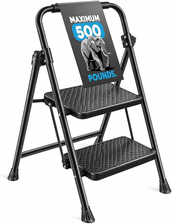 Step Ladder 2 Step Folding Step Stool Step Ladder with Wide Anti-Slip Pedal Step Stool Foldable for Adults Lightweight, Portable Steel Use for Home and Office