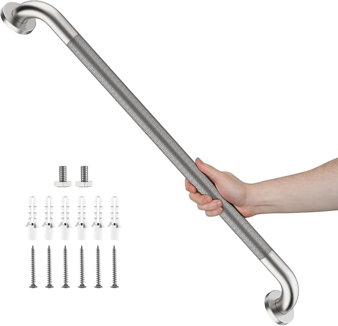 Shower Grab Bar 32 Inch, iHansee Brushed Nickel Bathroom Grab Bar w/Anti-Slip Knurled Grip, Stainless Steel Safety Handicap Bars, Wall Mounted Balance Support Handrail Bath Handle for Senior Elderly