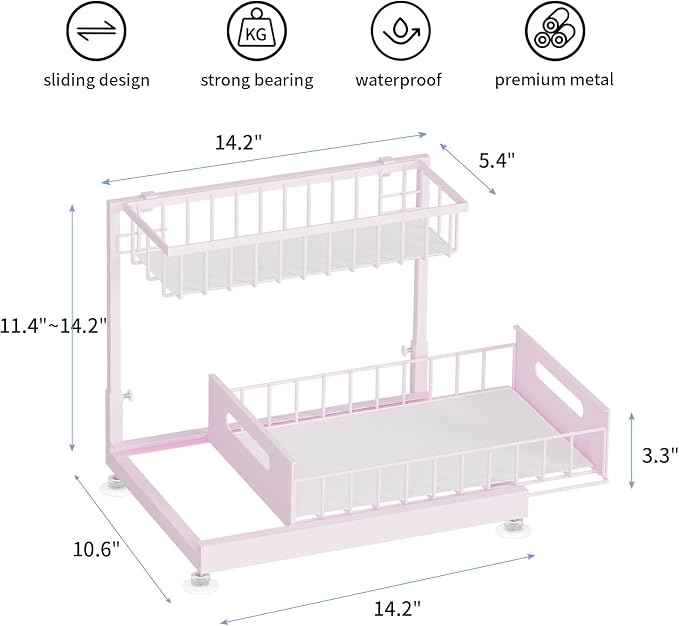 Saydear Under Sink Organizer Storage 2-Tier Premium Metal Pull-Out Kitchen Cabinet Organizer with Sliding Drawer, Height Adjustable, Heavy Duty for Kitchen & Bathroom Organizers 1 Pack Pink