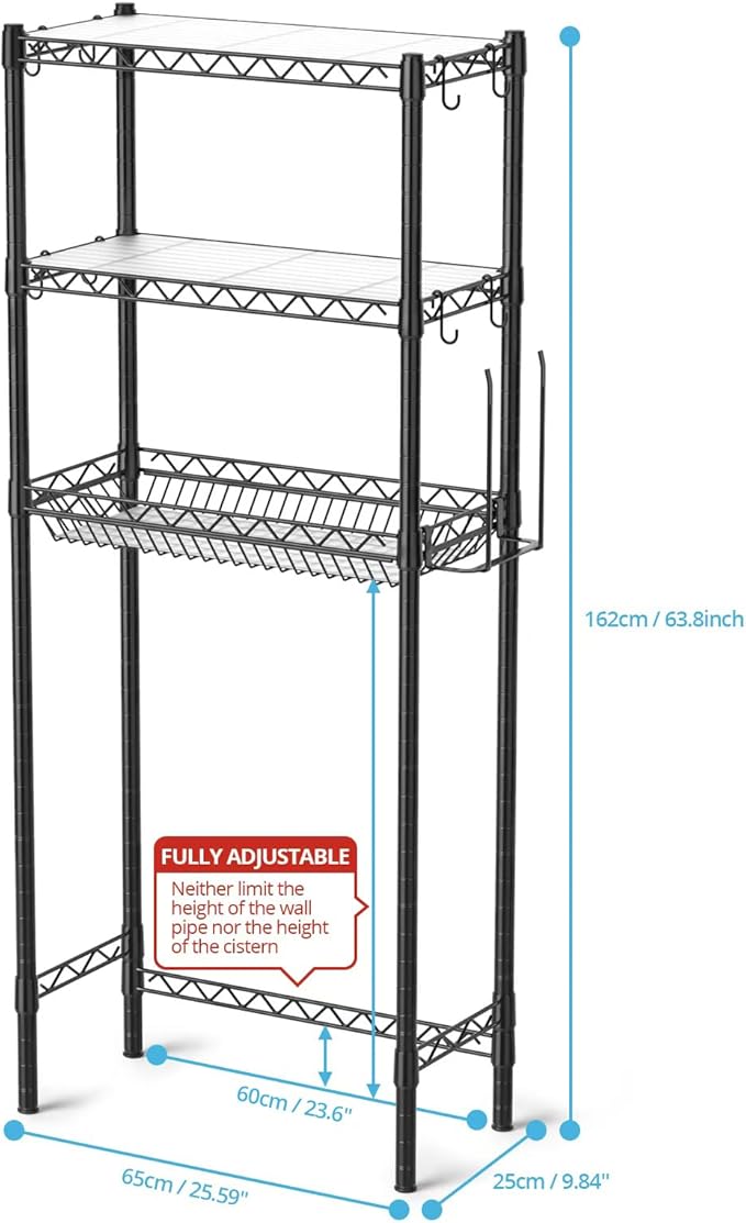 Hodonas Over The Toilet Storage Shelf, Adjustable Bathroom Organizer with Toilet Paper Holder & 8 Hooks, 3 Tier Sturdy Metal Space Saver for Bathroom/Kitchen, Easy Assembly Above Toilet Shelf, Black