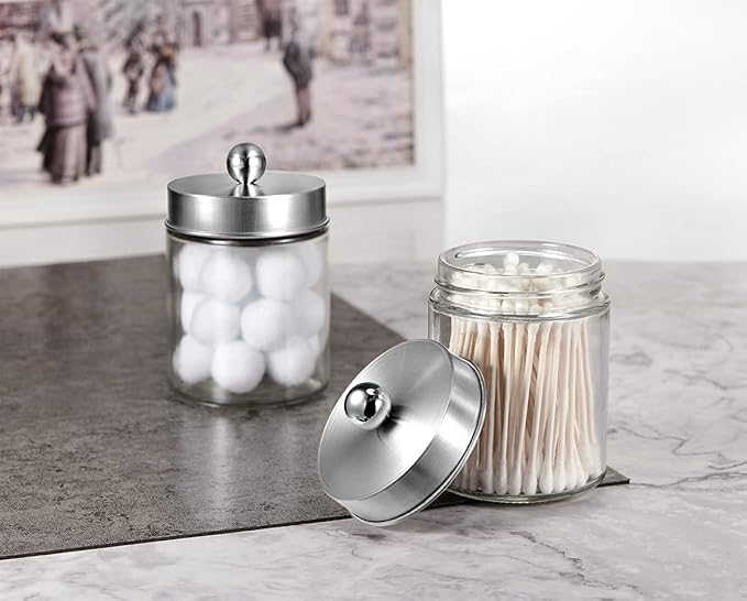 Amolliar 4 Pc Glass Apothecary Jars - Countertop Qtip Dispenser Holder with Stainless Steel Lids&Cute Stickers -Bathroom Vanity Storage Organizer Set for Qtips,Cotton Swabs/Rounds (Brushed Nickel)
