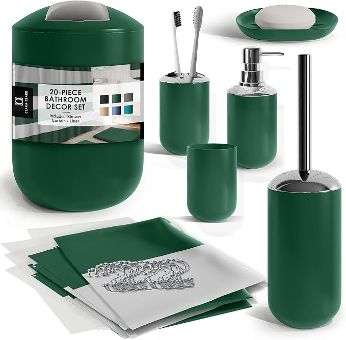 Clara Clark Bathroom Set - Green Bathroom Accessories Set, 20PC Bathroom Accessory Set, Shower Curtain Set with Liner, Toothbrush Holder, Soap Dispenser, Soap Dish, Toilet Brush Holder, and Trash Can