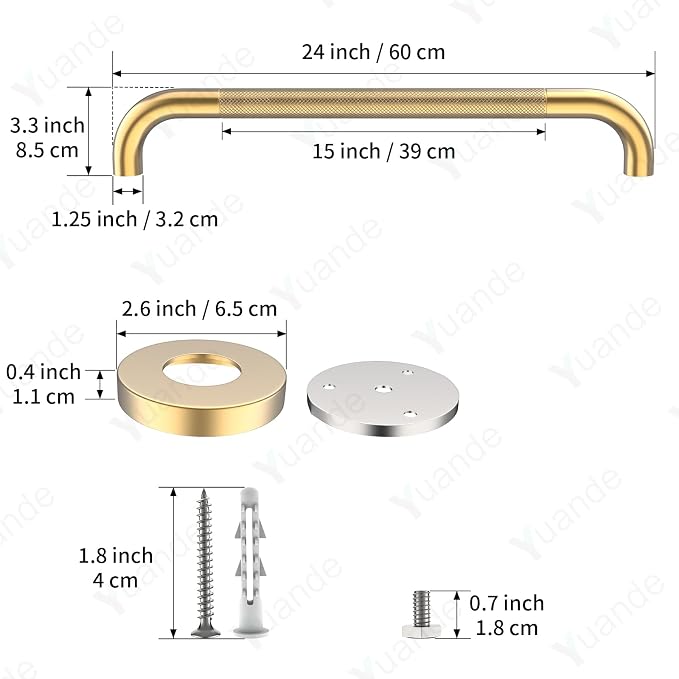 24 Inch Anti Slip Shower Grab Bar, YuanDe Brushed Gold Stainless Steel Bath Grab Bar, Knurled Bathroom Safety Rail, Shower Handrail Support, Handicap Elderly Balance Assist Handles-1.25" Diameter