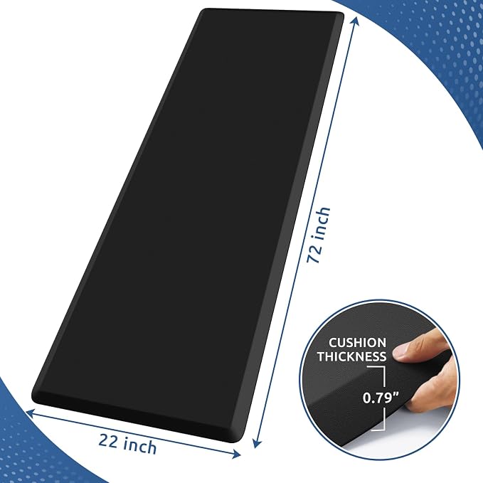 KitchenClouds Kitchen Mat Cushioned Anti Fatigue Rug 22"x72" Water Resistant, Non Slip, Standing and Comfort Desk/Floor Mats for House Sink Office (Black,0.8inch)