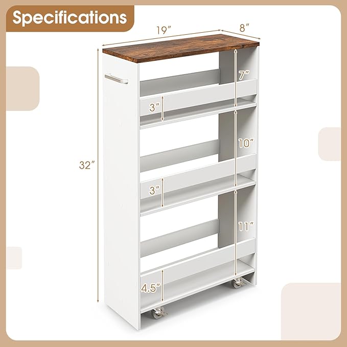 Giantex 4 Tier Rolling Slim Storage Cart, 8" Narrow Slide Out Kitchen Cart w/Handle & Open Shelves, Space-Saving Compact Mobile Utility Trolley for Small Space Laundry Room (White & Natural)