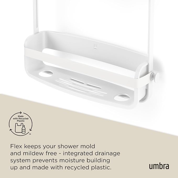 Umbra Flex Hanging Shower Caddy with 2 Shelves, Bathtub Shelf and Bathroom Organizer, White