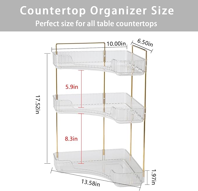 shuang qing 3-Tier Corner Bathroom Counter Organizer – Storage Shelf for Makeup, Perfume & Skincare, Space-Saving Countertop Tray Fits Bathroom, Dresser, Kitchen (White)