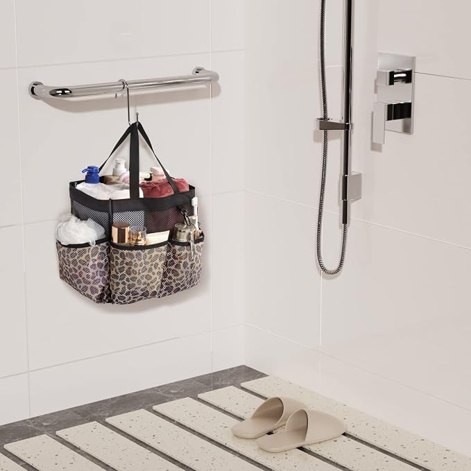 F-color Mesh Shower Caddy Portable - Shower Bag for College Dorm, Leopard | Quick Dry, with S Hook, College Dorm Room Essentials for Camp, Gym, Travel, Freshmen, Camping, Bathroom, Shower Tote