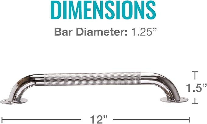 DMI Textured Grab Bars, Handicapped Grab Bars for Bathroom, Shower Rails, Grab Bar for Handicap and Elderly, Perfect for Bathroom Safety, Rust-Resistant Steel, 12", Chrome, FSA & HSA Eligible