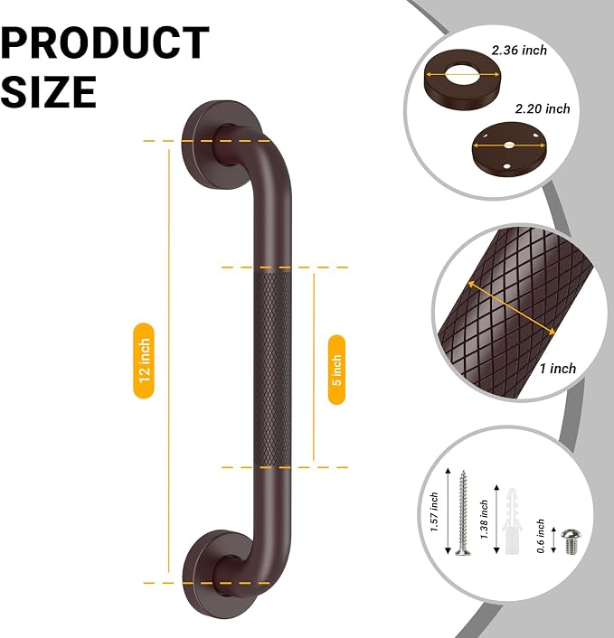 Anti Slip Grab Bars for Shower Oil Brown, Safety Textured Grip Shower Grab Bars for Seniors, Holds up to 500LBs, Knurled Handicap Grab Bars for Wall with Concealed Screws, 12 Inch