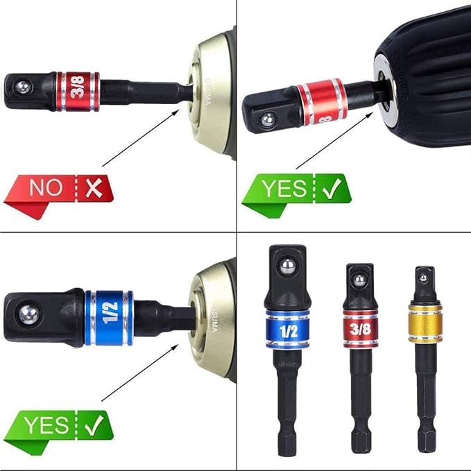 CIGOTU Socket Adapter Extension Set, 1/4, 3/8, 1/2 Inch Hex Shank, Impact Grade, Power Drill to Socket Converter, 3-Piece (Black)